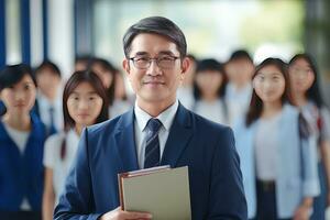 Porträt von glücklich asiatisch männlich Lehrer mit ein Buch im Schule, jung Mann Tutor lächelnd und suchen beim das Kamera foto