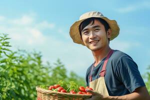 asiatisch männlich Farmer mit Korb von frisch Gemüse, präsentieren organisch Gemüse, gesund Essen foto