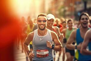 männlich Laufen Marathon- mit andere Läufer auf ein Straße von modern Stadt. gut aussehend jung Mann Laufen zum gesund Leben. foto