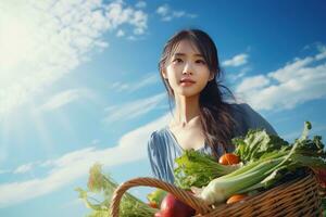 asiatisch weiblich Farmer mit Korb von frisch Gemüse, präsentieren organisch Gemüse, gesund Essen foto