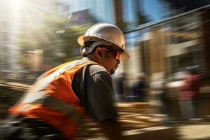 Konstruktion Arbeiter tragen Sicherheit Uniform, Ingenieurwesen funktioniert auf Gebäude Konstruktion Grundstück, bürgerlich Ingenieur beobachtet und Überprüfung das Projekt foto