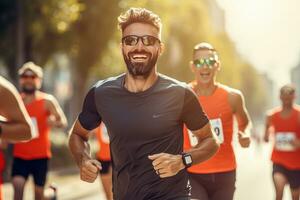 männlich Laufen Marathon- mit andere Läufer auf ein Straße von modern Stadt. gut aussehend jung Mann Laufen zum gesund Leben. foto