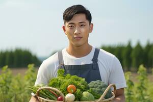 asiatisch männlich Farmer mit Korb von frisch Gemüse, präsentieren organisch Gemüse, gesund Essen foto