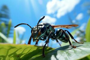 schließen oben Schuss von Ameise finden Essen auf Blatt wolkig Blau Himmel Hintergrund. generativ ai foto