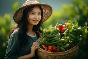 asiatisch weiblich Farmer mit Korb von frisch Gemüse, präsentieren organisch Gemüse, gesund Essen foto