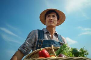asiatisch männlich Farmer mit Korb von frisch Gemüse, präsentieren organisch Gemüse, gesund Essen foto