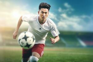 gut aussehend asiatisch Fußball Spieler, Porträt von ein gut aussehend asiatisch Athlet männlich, Sport Mann Fußballer. foto