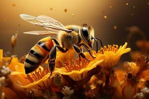 Epos Makro Fotografie Schuss von Honig Biene. Nahansicht Aussicht von Arbeiten Bienen. generativ ai foto