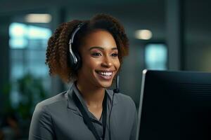 Porträt von ein schön afrikanisch Kunde Bedienung Operator, Anruf Center Arbeiter reden durch Headset mit Kunde im modern Büro. foto
