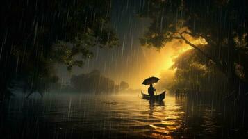 Mensch Täglich Leben auf regnerisch Tag. genießen Regenfall und glücklich Leben, lebhaft regnerisch Jahreszeit Konzept. generativ ai foto