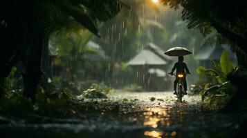 Mensch Täglich Leben auf regnerisch Tag. genießen Regenfall und glücklich Leben, lebhaft regnerisch Jahreszeit Konzept. generativ ai foto