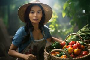 asiatisch weiblich Farmer mit Korb von frisch Gemüse, präsentieren organisch Gemüse, gesund Essen foto