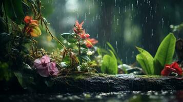 Epos Fotografie Schuss von regnerisch Jahreszeit Hintergrund, genießen Natur Regenfall und glücklich Leben Konzept. generativ ai foto