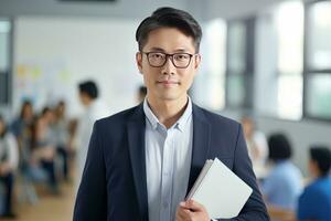 Porträt von glücklich asiatisch männlich Lehrer mit ein Buch im Schule, jung Mann Tutor lächelnd und suchen beim das Kamera foto