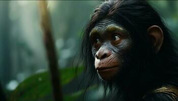 Erholung von ein Hominide weiblich suchen mit Interesse im das Dschungel. Illustration ai foto