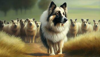 Schäfer Hund mit ein Besondere Schafe Herde. generiert mit künstlich Intelligenz foto