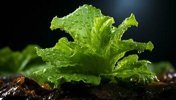 realistisch Erholung von nass Grüner Salat Blätter mit Tropfen Wasser. Illustration ai foto