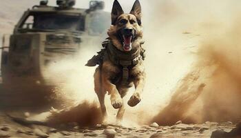 Krieg Hund Kampf und Laufen mit Schlacht Panzer im voll Schlacht im das Wüste. generiert mit künstlich Intelligenz foto