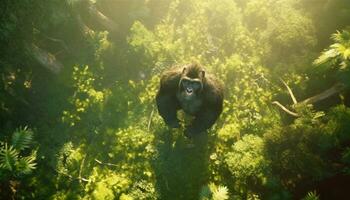 Erholung von ein Zweibeiner Hominide im das hoch von ein Berg im das Dschungel. Illustration ai foto