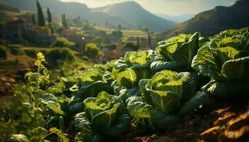 künstlerisch Erholung von Grün Salate Kohl im ein Obstgarten. Illustration ai foto