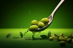 Olive Öl auf Grün Oliven mit Blätter. erstellt mit generativ ai foto