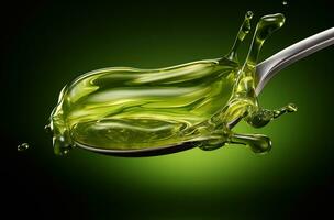 Olive Öl ist planschen auf das Löffel. erstellt mit generativ ai foto