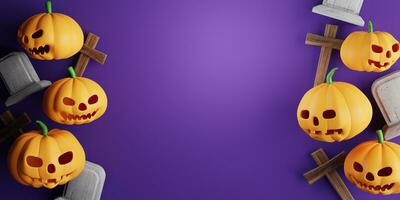 3d Wiedergabe. Design zum Halloween Banner mit Kürbis, Kruzifix, Schädel, Grab auf ein lila Hintergrund. mit Kopieren Raum. foto