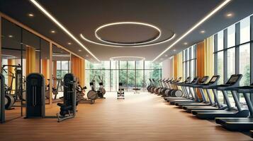 innerhalb Fitnessstudio mit modern Fitness Ausrüstung zum Fitness Veranstaltungen und mehr. modern von Fitnessstudio Innere mit Ausrüstung. Sport Ausrüstung im das Fitnessstudio. erstellt mit generativ ai foto