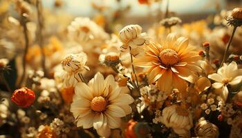 beschwingt Gelb Gänseblümchen Blüten im ein Wiese, symbolisieren Sommer- Schönheit generiert durch ai foto