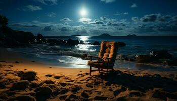 Silhouette von einer Person Sitzung, genießen still Sonnenuntergang auf Strand generiert durch ai foto