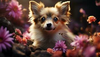 süß klein Hündchen Sitzung draußen, suchen beim Blume generiert durch ai foto