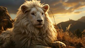 majestätisch Löwin ruhen im Afrika Sonnenuntergang, Natur Schönheit generiert durch ai foto