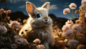 süß Hase sitzt auf Gras, umgeben durch bunt Blumen generiert durch ai foto