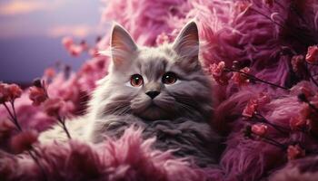 süß Kätzchen mit flauschige Pelz suchen beim Rosa Blume generiert durch ai foto