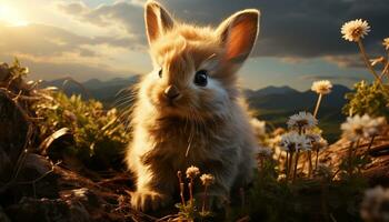 flauschige Hase Sitzung im Wiese, genießen das Sonnenuntergang generiert durch ai foto