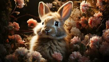 süß flauschige Hase Sitzung im Gras, suchen beim Blume generiert durch ai foto