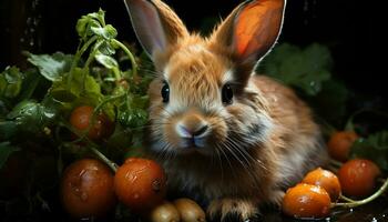 süß Baby Hase Essen Karotte im Natur frisch Feier generiert durch ai foto