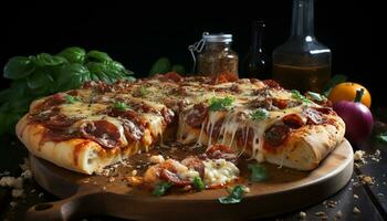 Frische und Gourmet gebacken Mahlzeit hausgemacht Holz gefeuert Pizza generiert durch ai foto