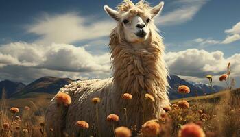 flauschige Alpaka weidet auf Wiese, umgeben durch schön Berg Landschaft generiert durch ai foto