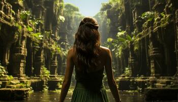 jung Frauen Stehen im ein tropisch Regenwald, bewundern das Schönheit generiert durch ai foto