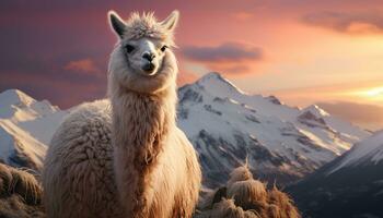 Alpaka Weiden lassen auf schneebedeckt Berg, wollig und Niedlich, lächelnd beim Kamera generiert durch ai foto