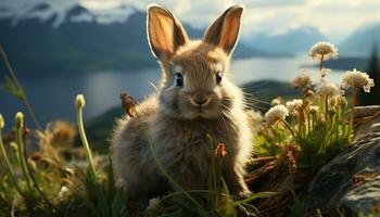 süß flauschige Hase Sitzung im Grün Wiese, genießen Sommer- generiert durch ai foto