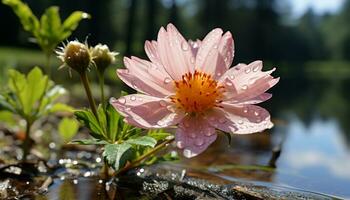 beschwingt Lotus Wasser Lilie spiegelt natürlich Schönheit im still Szene generiert durch ai foto