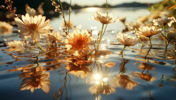 Sonnenuntergang spiegelt auf still Teich, präsentieren beschwingt Rosa Wildblumen generiert durch ai foto