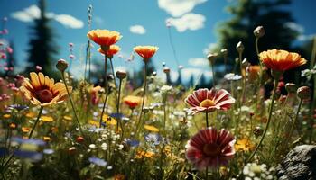 beschwingt Sommer- Wiese ein bunt Tapisserie von Wildblumen im blühen generiert durch ai foto