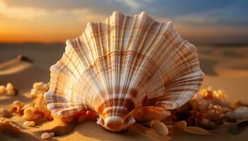 Natur Schönheit im Sommer- Sand, Küste, Sonnenuntergang, Muschel, und Seestern generiert durch ai foto