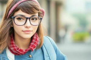 Hipster Schüler Frau tragen Brillen Brille. ai generativ Profi Foto