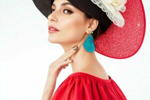 Porträt von ein modisch schön Frau im traditionell Kleider tragen ein Hut. ai generativ Profi Foto