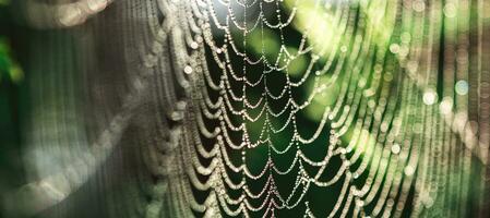 natürlich Hintergrund. Spinnweben im Tau Tropfen auf ein Grün Pflanze foto