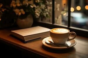 ein Tasse von Kaffee, Cappuccino auf ein Tabelle im ein Cafe. Kerze, gemütlich foto